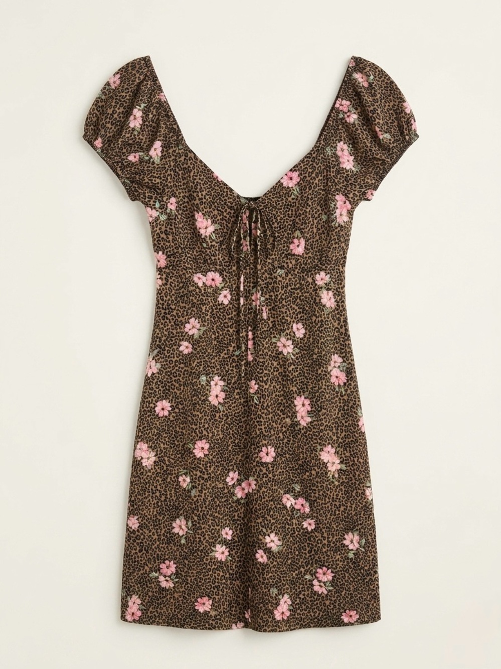 🌸3/30$ NOBO Brown Leopard Print Mini Dress with Pink Floral Accents